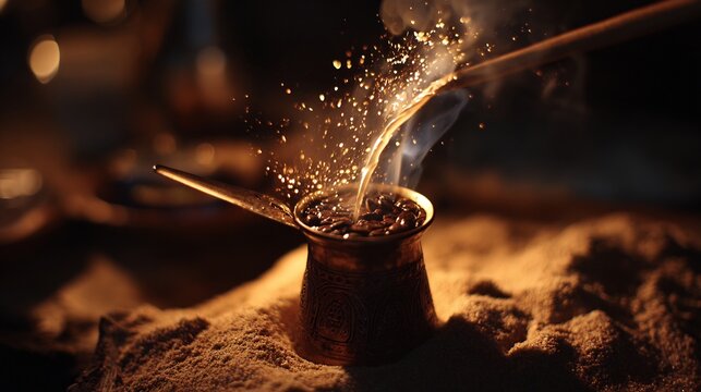 Pouring water into a copper pot filled with coffee beans over hot sand with steam and golden particles