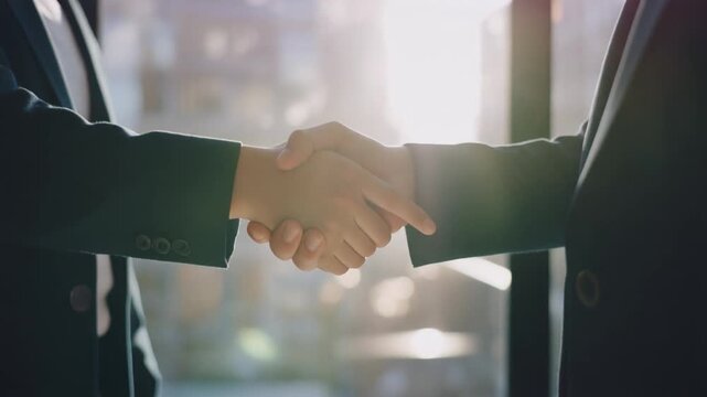 明るい窓の隣で握手をする同僚2人のシルエット