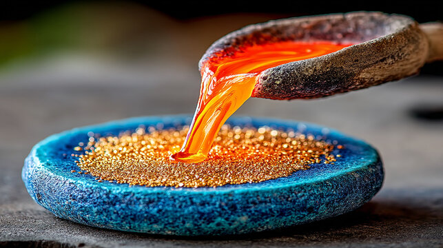 Molten metal being poured from a ladle into a blue ceramic crucible