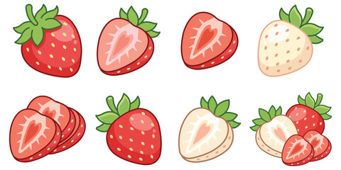 Collection of Strawberries: A delightful assortment of fresh strawberries, showcasing both red and white varieties, whole and sliced, in a vibrant collection. © Gwith Boss