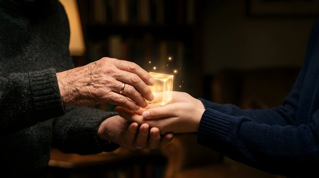 Elderly person handing a glowing magic cube to a young person at home