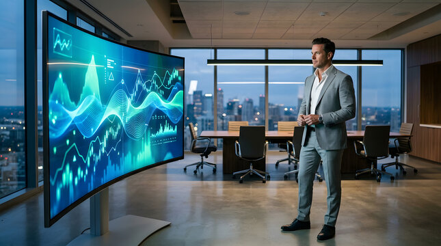  "Businessman in suit standing in front of a large curved screen with dynamic abstract financial graphs and trading signals (no numbers, no text). Blue and green tones, modern boardroom, confident pos