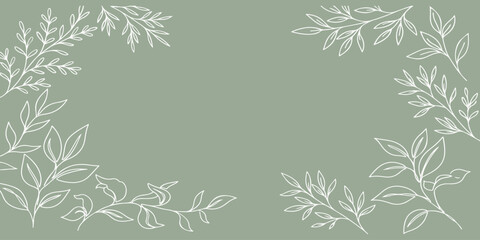 Sage Green Botanical Frame: Delicate white botanical branches create a subtle frame on a calming sage green background, offering a touch of natural elegance. © Gwith Boss