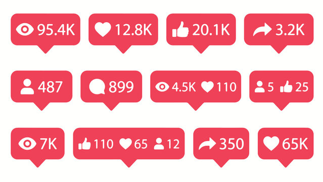 Red social media notification icons showing likes comments shares followers and views with vibrant digital engagement metrics