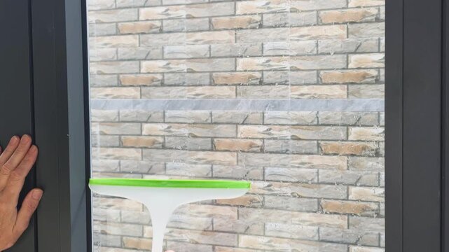 Human hand holding squeegee tool wipes wet drops down window glass pane. Strong grip keeps holding squeegee steady, cleaning outside apartment surface smoothly against modern light brick wall.