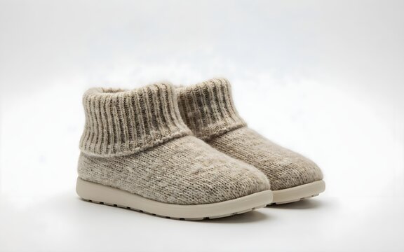 Soft knit bootie style slippers with a thick ribbed ankle collar isolated on a white seamless background