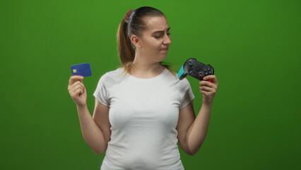 Woman holds gamepad in right hand and creditcard in left hand, frowning and squinting while comparing payment options in studio  buying dilemma frustration. © Krakenimages.com