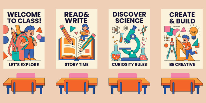 Classroom motivational posters: Four colorful posters encourage exploration, reading, science, and creativity, decorating a vibrant classroom setting with desks.