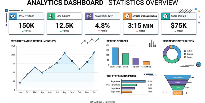 Digital analytics dashboard displays website traffic trends, sources, and user distribution.