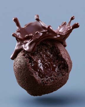 Rich molten chocolate frozen mid splash with cinematic gourmet dessert advertising moods