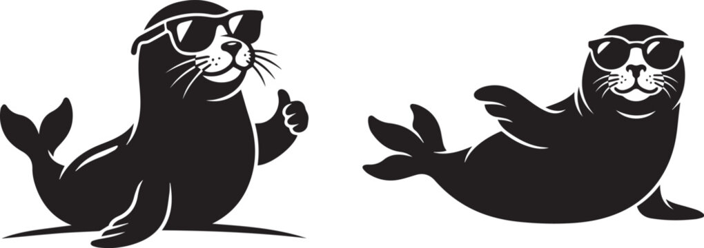 Set of two cool seals wearing sunglasses, one giving a thumbs up and one waving, vector illustration