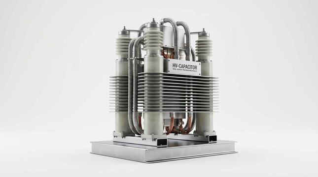 Large industrial high voltage capacitor unit featuring metallic components and heavy duty cooling fins for electricity