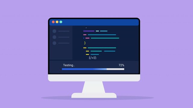Animated flat vector illustration of a desktop monitor displaying source code, testing status, and progress tracking. Modern software quality assurance and programming workflow concept.
