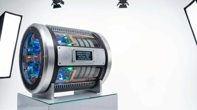 Advanced cylindrical supercapacitor energy storage module featuring glowing internal components and a metallic industrial design frame