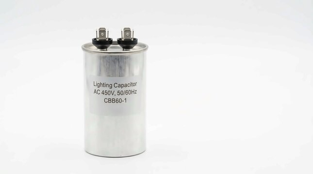 Silver metal lighting capacitor with two electrical terminals standing upright against a clean white studio background