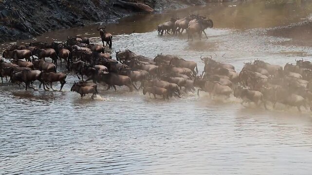 Wildebeest great migration crossing a river in Africa