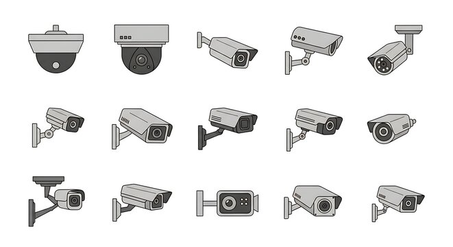 Set of security surveillance cameras in sketch style.