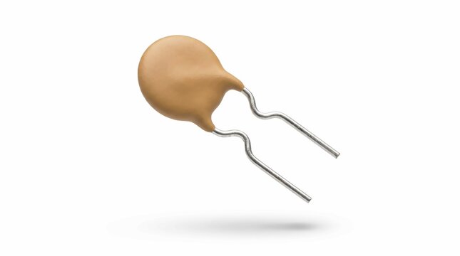 Small brown ceramic capacitor component with two metal leads isolated on a clean white background