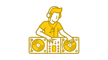 Naklejka premium DJ playing music with headphones and turntable, yellow illustration