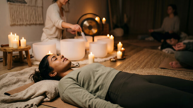 Woman lying in sound bath meditation with crystal singing bowls