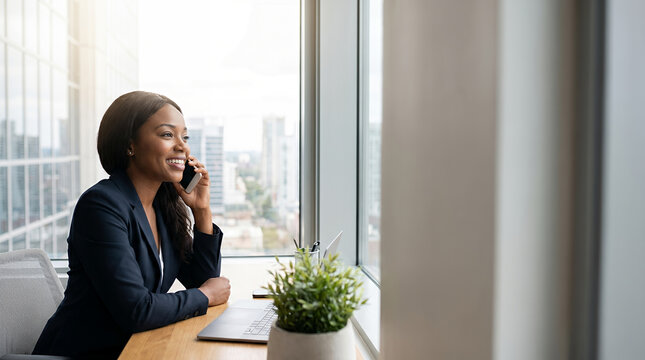 Black businesswoman talking on phone at office desk by city window