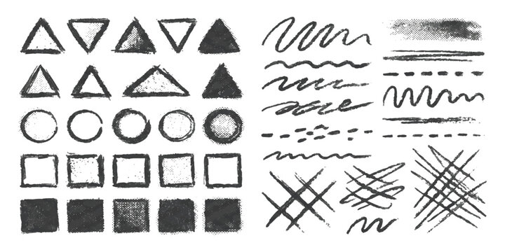Set of hand drawn geometric shapes and rough scribble lines for creative design projects and digital art