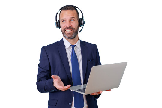 Businessman in headset interacting during a virtual call, providing support with a laptop, transparent background