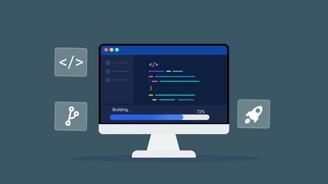 Animated flat vector illustration of a desktop monitor displaying software code with connected workflow icons. Modern software development, programming, automation, and technology dashboard concept.