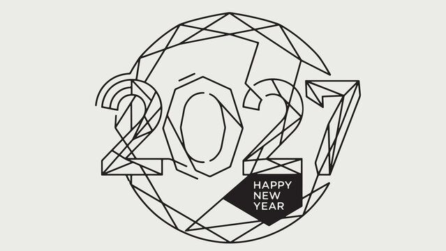 Minimalist geometric 2027 Happy New Year circular design with abstract polygon typography in black and white