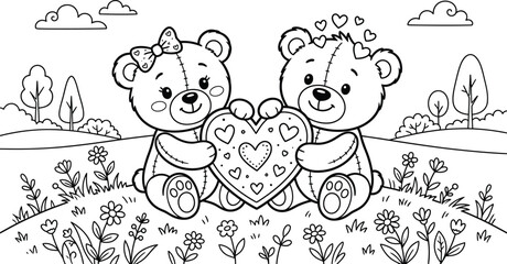 Fototapeta premium Two teddy bears holding a large heart in a landscape with white background, creative