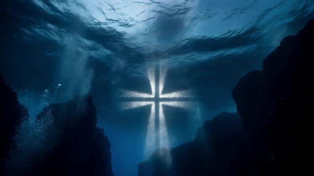 Sacred glowing cross underwater for water baptism background