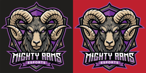Naklejka premium Mighty Rams Esport Mascot Logo Design Fierce Ram Horns Team Emblem