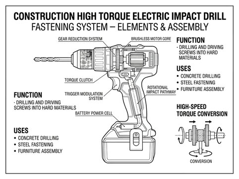 High torque electric impact drill fastening system schematic.