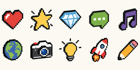 Pixelated Icons Collection: A vibrant collection of 8-bit pixel art icons representing diverse themes like love, success, wealth, communication, music, travel, photography, ideas, innovation. © Gwith Boss