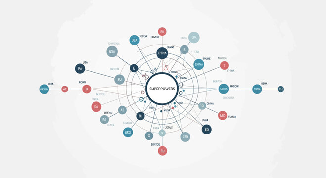 Global superpowers network map with interconnected nodes and lines