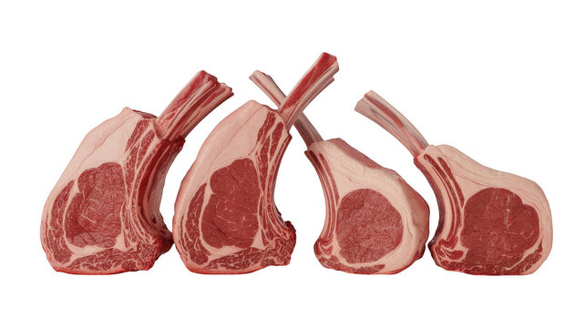 Four raw lamb chops with long bones arranged in a row against a black background, showing the fresh red meat and white fat for cooking recipes