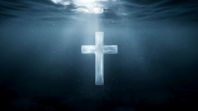 Glowing christian cross submerged for water baptism background