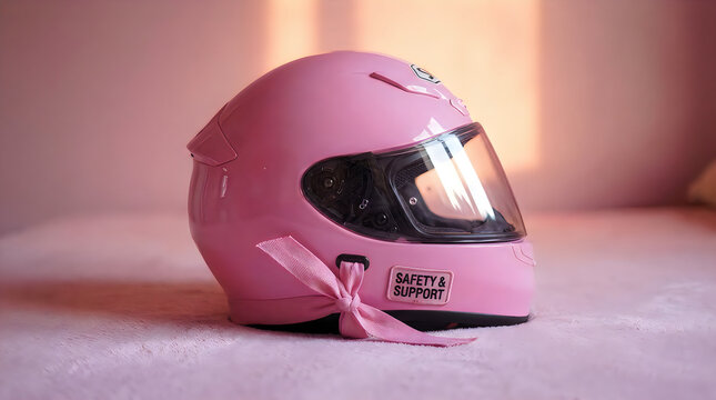 Pink motorcycle helmet decorated with ribbon and safety and support sticker on soft bed.