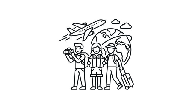 Line art illustration of three young travelers exploring the world with luggage and a camera.