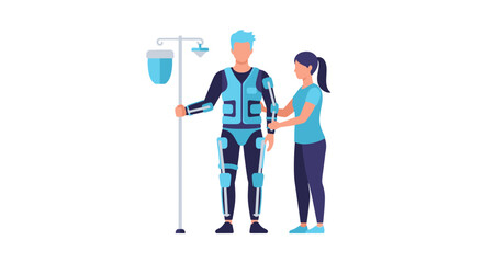 Fototapeta premium Patient in exoskeleton suit with IV drip assisted by caregiver, futuristic rehabilitation