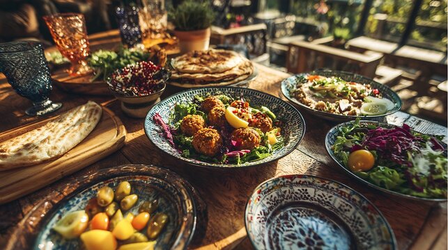Assorted Mediterranean mezze platter featuring falafel, flatbread, olives and fresh salads on a sunny outdoor wooden table