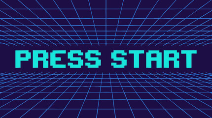 Press Start pixel art text on a retro digital grid background © FaiSTUDIO