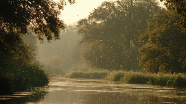 Dense swarm of midges forming a cloud above a still lake at sunset with trees and fog