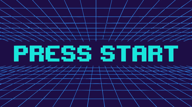 Press Start pixel art text on a retro digital grid background