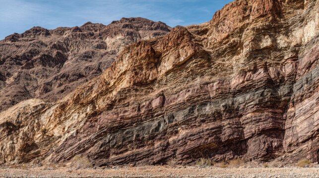 Detailed geological fault scarp showcasing distinct exposed rock layers and stratified rock formations under a clear blue sky.