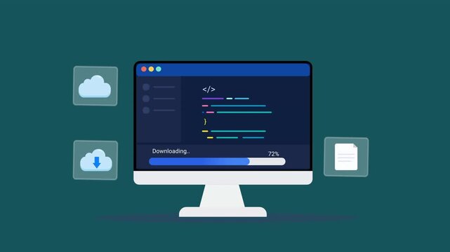 Animated flat vector illustration of a desktop monitor displaying software code with cloud download and file management icons. Modern cloud computing, data transfer, coding, and technology workflow co