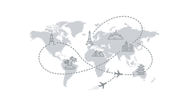 World map illustration featuring travel icons and flight paths.