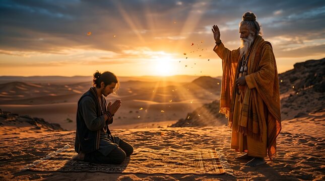 Guru purnima background with a holy saint raising his hand to bless a young devotee kneeling on a mat during a sunset gurudev religious moment