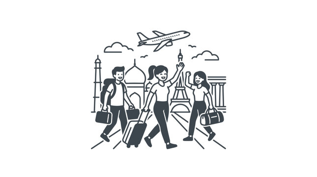 Three happy travelers walking together with luggage and bags.