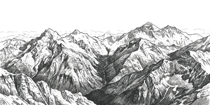 Black and white ink sketch of a large mountain range with rocky peaks and deep valleys in a landscape drawing